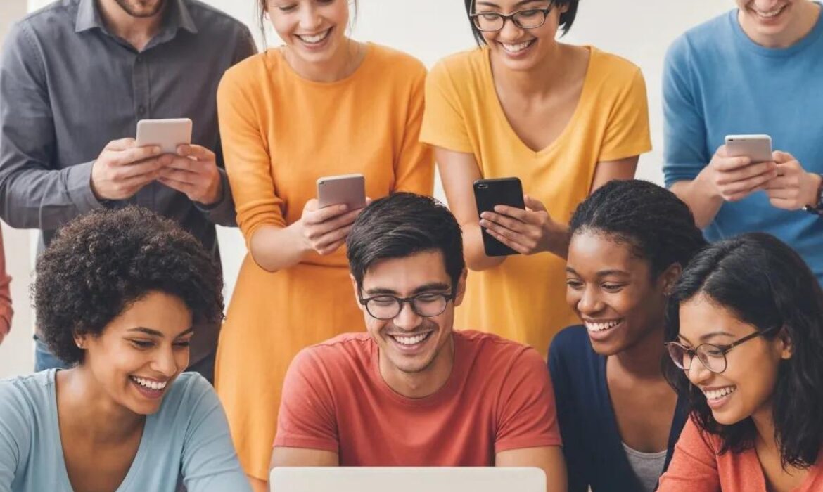 Diverse group of people engaging on social media, representing community building and interaction