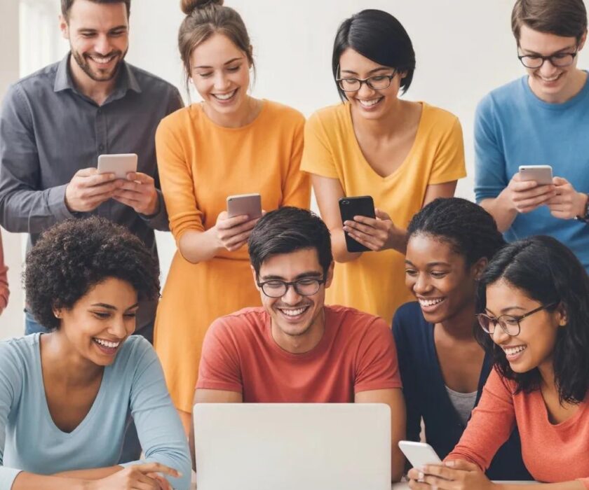 Diverse group of people engaging on social media, representing community building and interaction