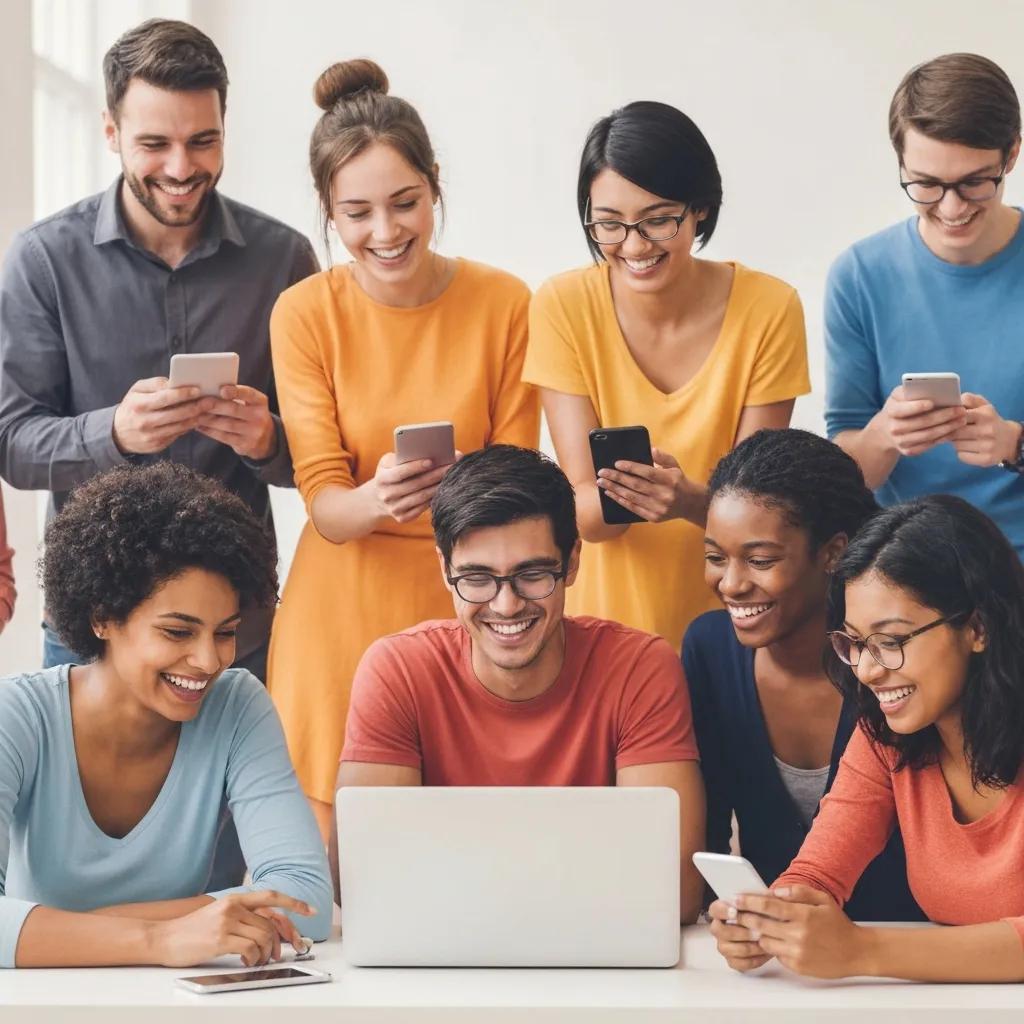 Diverse group of people engaging on social media, representing community building and interaction