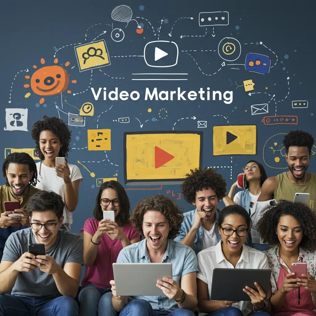 Diverse group of people engaging with video content on smartphones and tablets, representing video marketing trends