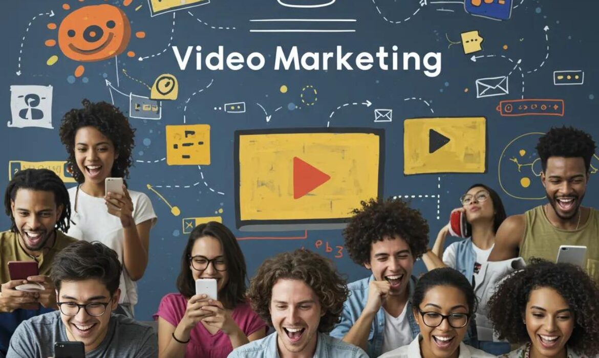 Diverse group of people engaging with video content on smartphones and tablets, representing video marketing trends