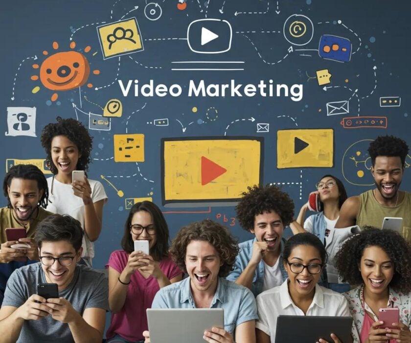 Diverse group of people engaging with video content on smartphones and tablets, representing video marketing trends