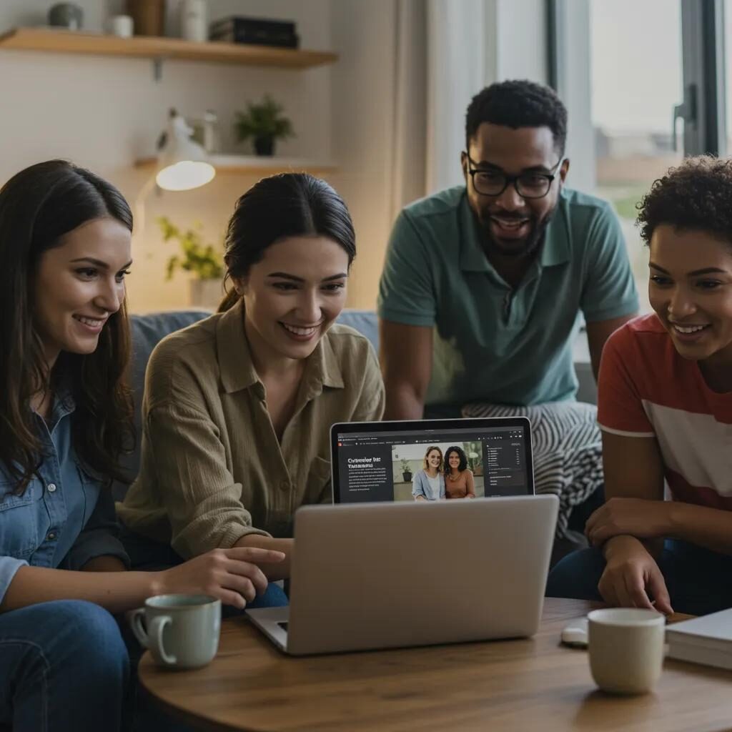 Group of diverse individuals engaged in watching a customer testimonial video, showcasing trust and authenticity