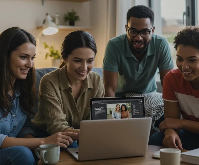 Group of diverse individuals engaged in watching a customer testimonial video, showcasing trust and authenticity