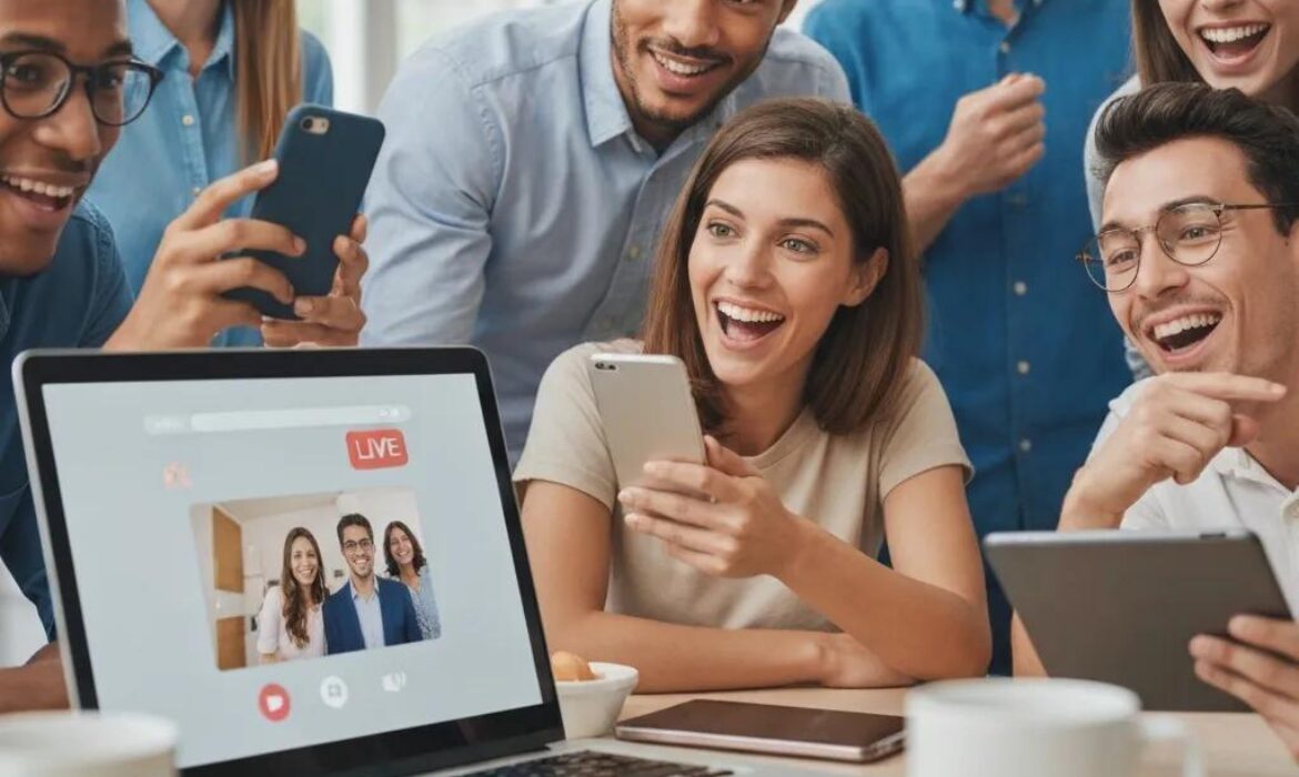 Group of diverse individuals engaging with a live video stream on multiple devices