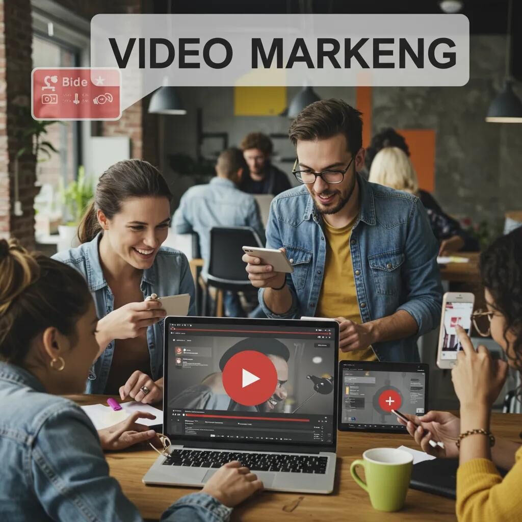 Group of diverse individuals engaging with video content on various devices in a modern workspace