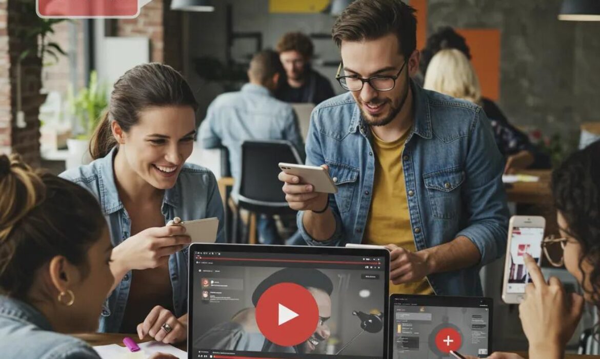 Group of diverse individuals engaging with video content on various devices in a modern workspace