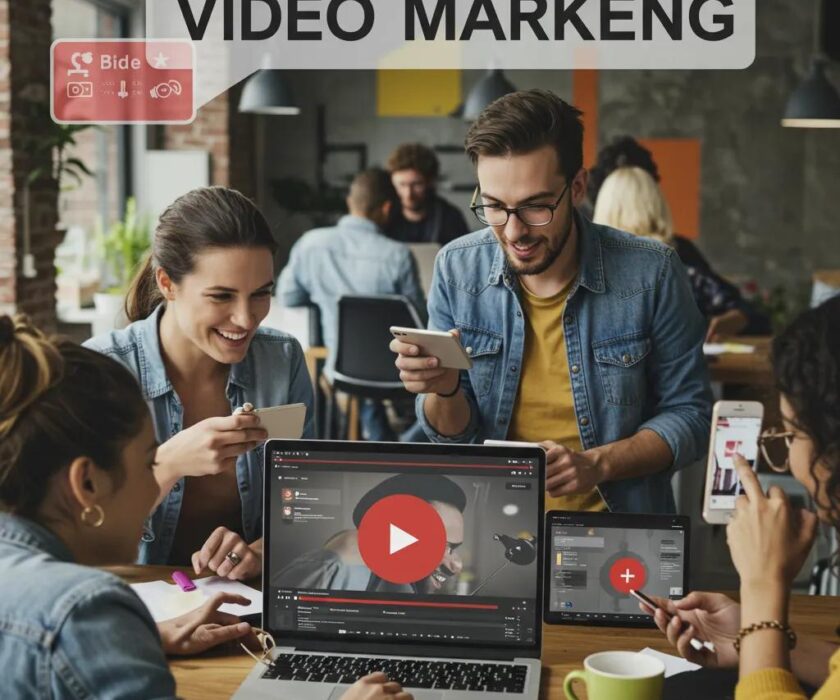 Group of diverse individuals engaging with video content on various devices in a modern workspace