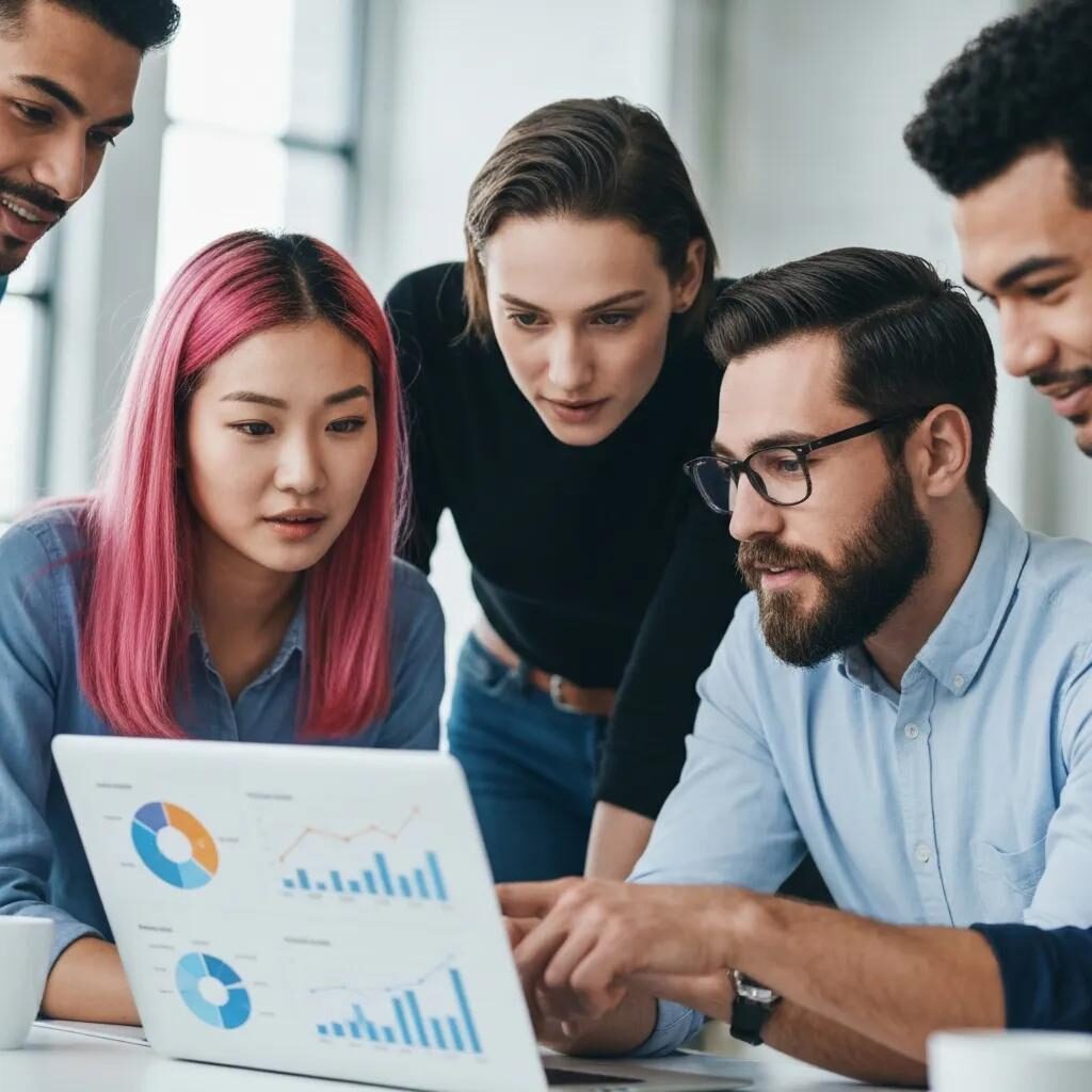Group of professionals analyzing social media metrics together