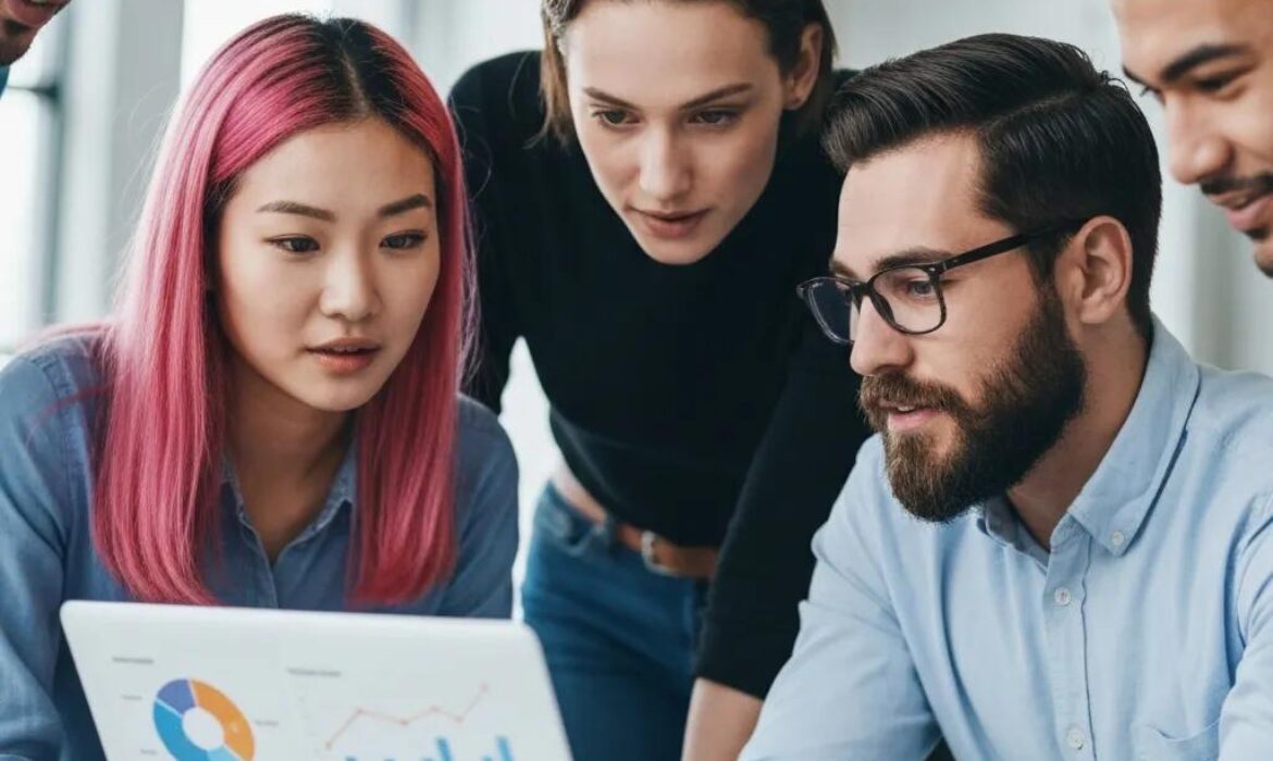 Group of professionals analyzing social media metrics together