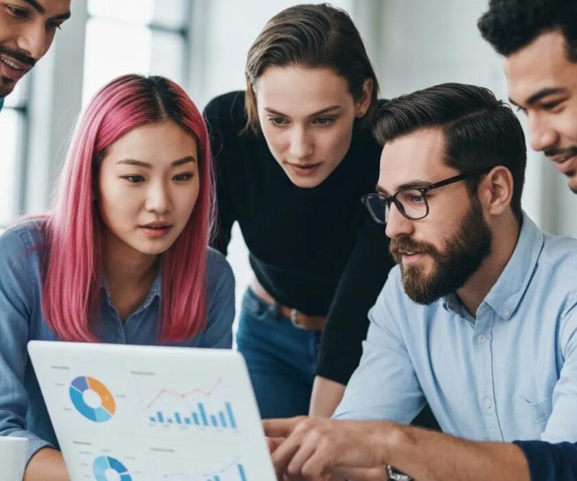 Group of professionals analyzing social media metrics together