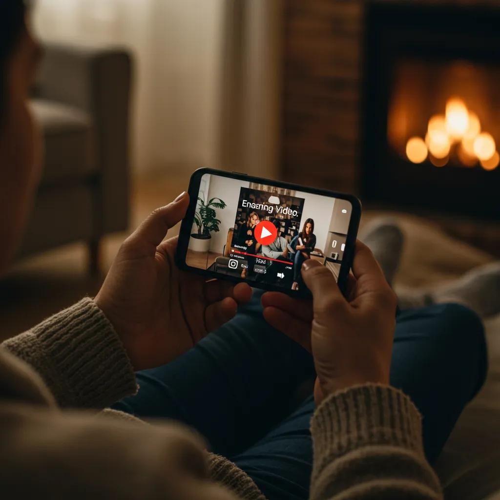 Individual watching engaging video content on a smartphone in a cozy home setting