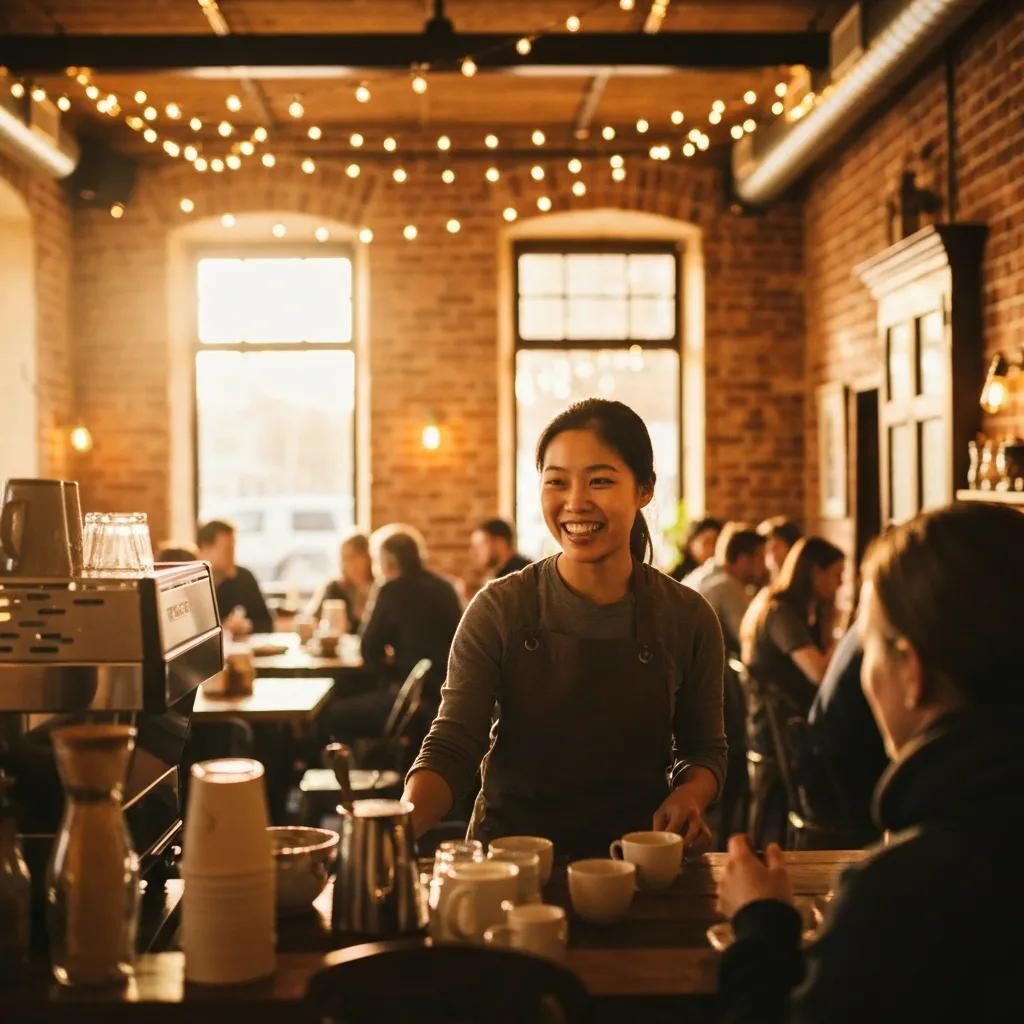 Local business owner engaging with customers on social media in a cozy caf&eacute; setting