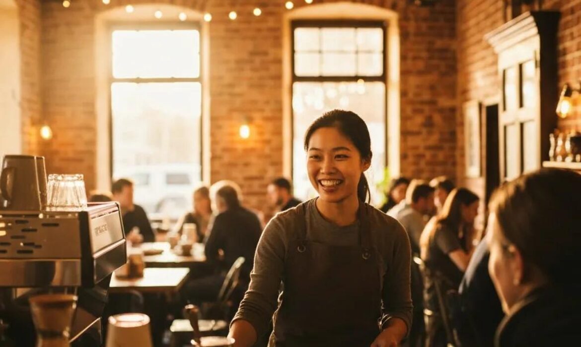 Local business owner engaging with customers on social media in a cozy caf&eacute; setting