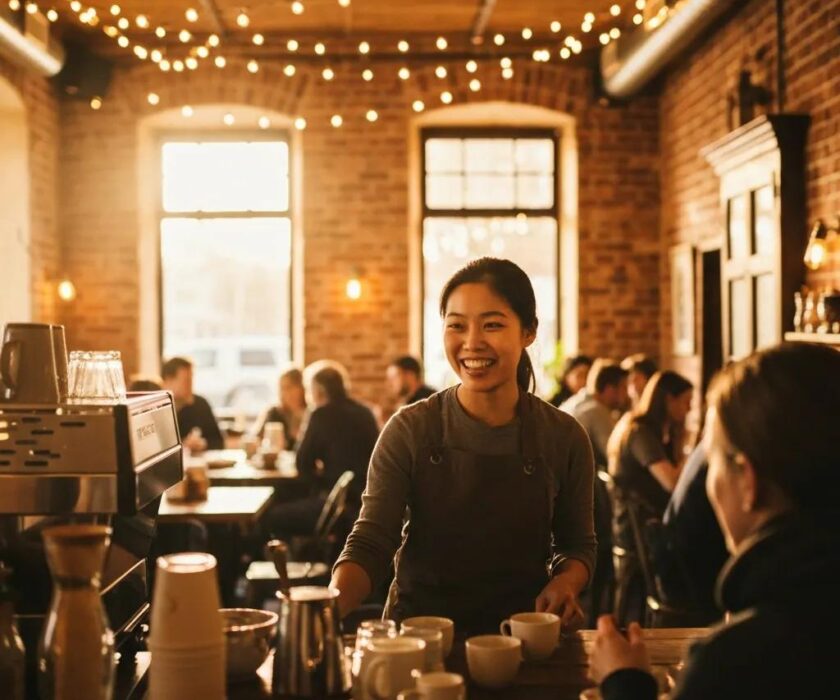 Local business owner engaging with customers on social media in a cozy café setting