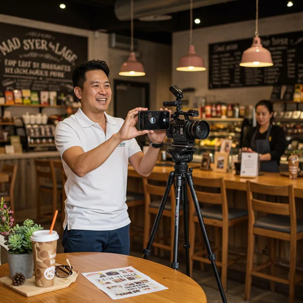 Local business owner filming a short-form video in a vibrant café, illustrating effective video marketing strategies