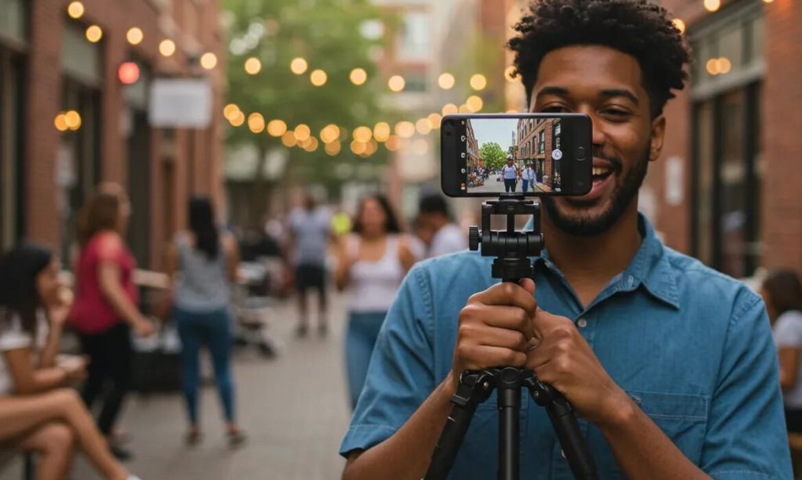 Local business owner filming an Instagram video in an urban setting, showcasing community engagement and brand awareness