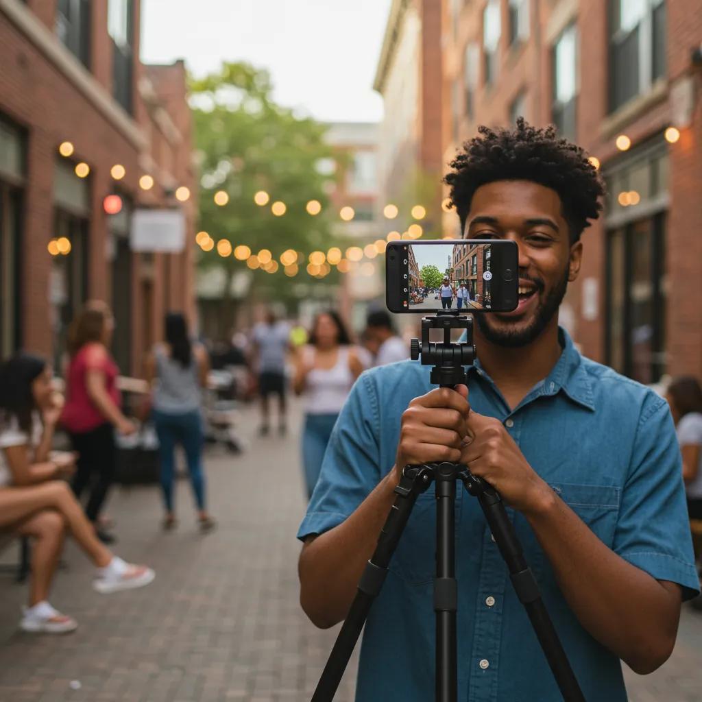 Local business owner filming an Instagram video in an urban setting, showcasing community engagement and brand awareness