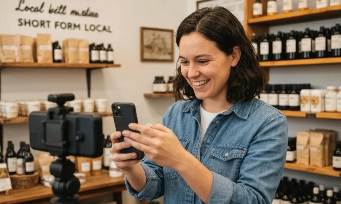 Local business owner filming engaging social media content in a cozy shop