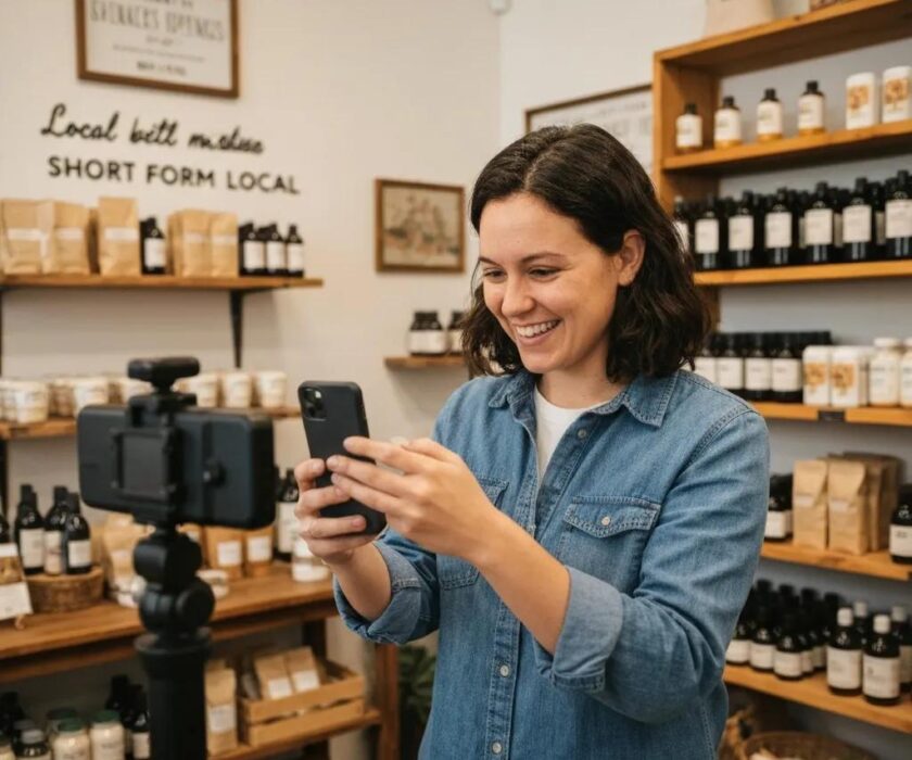 Local business owner filming engaging social media content in a cozy shop