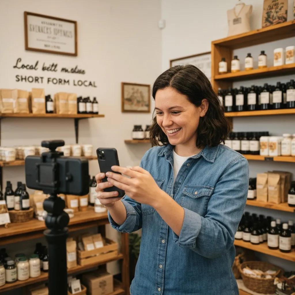 Local business owner filming engaging social media content in a cozy shop