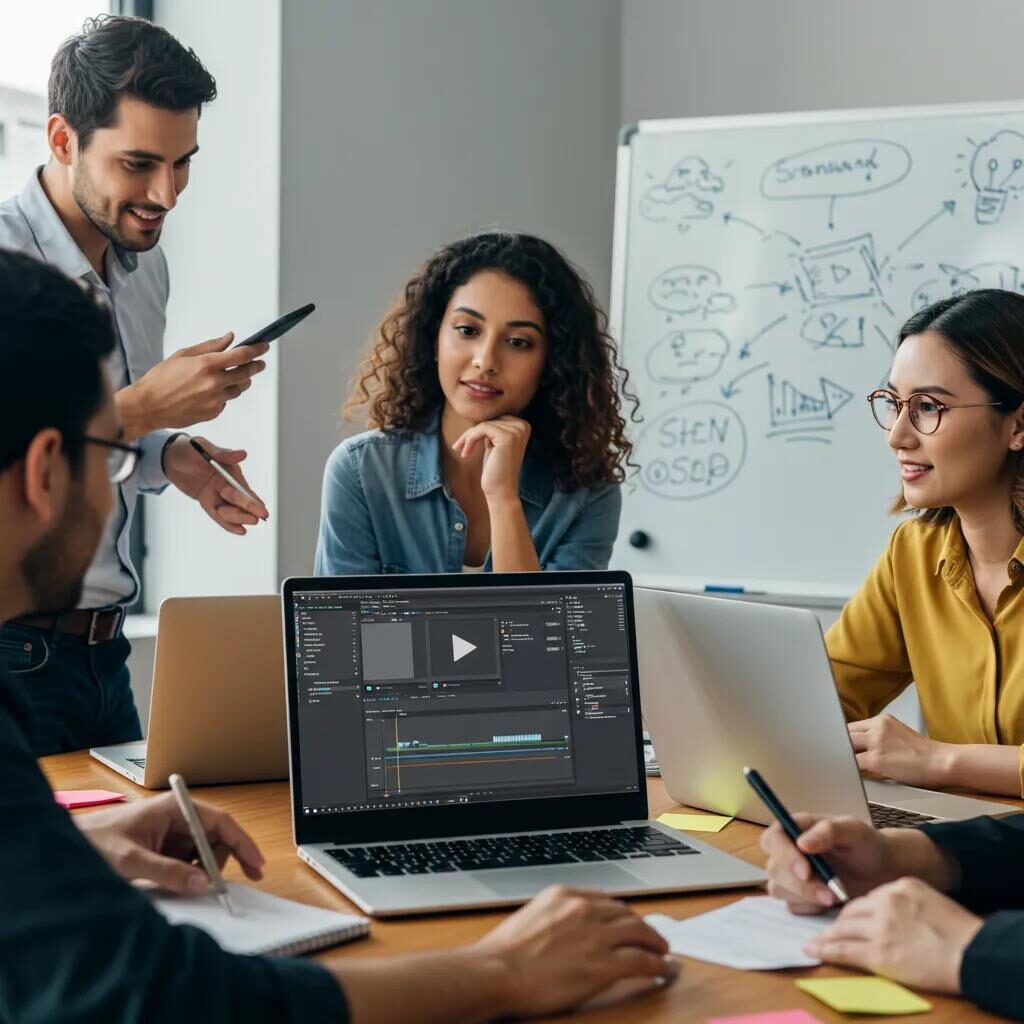 Small business owners collaborating on video distribution strategies in a modern workspace