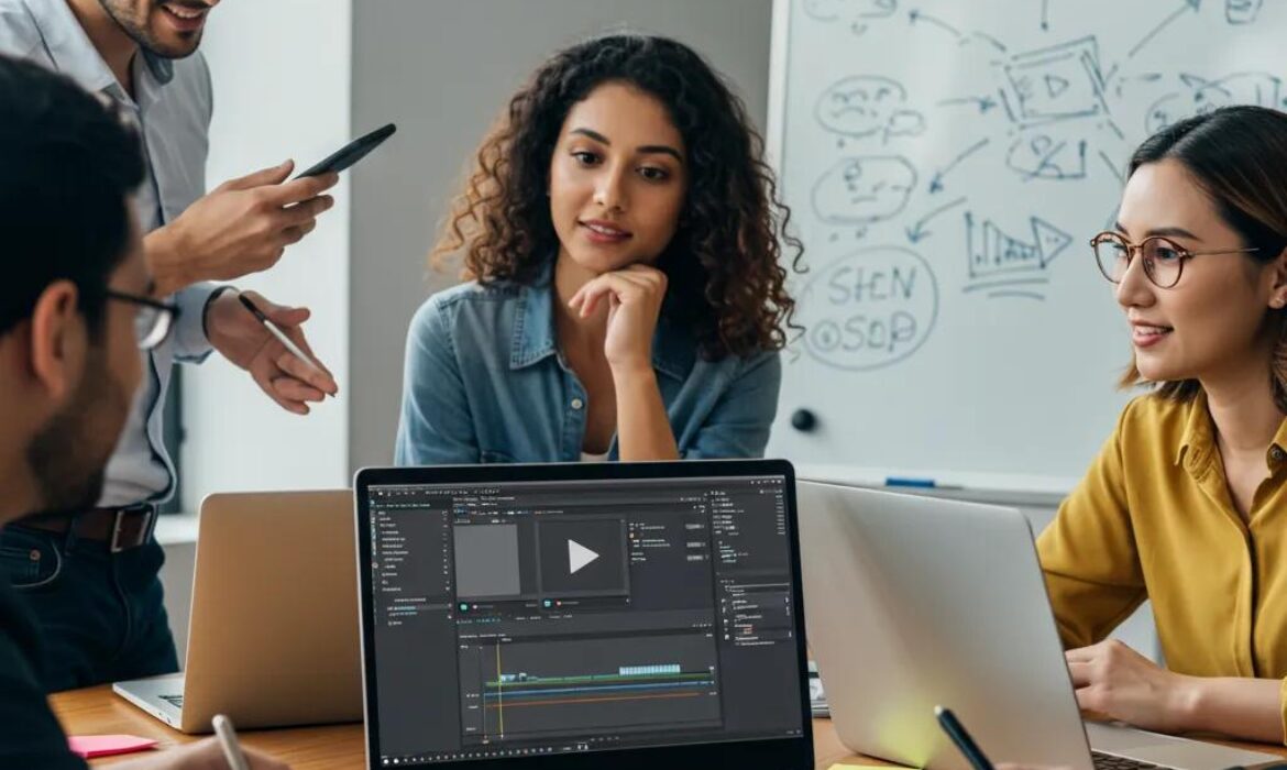 Small business owners collaborating on video distribution strategies in a modern workspace