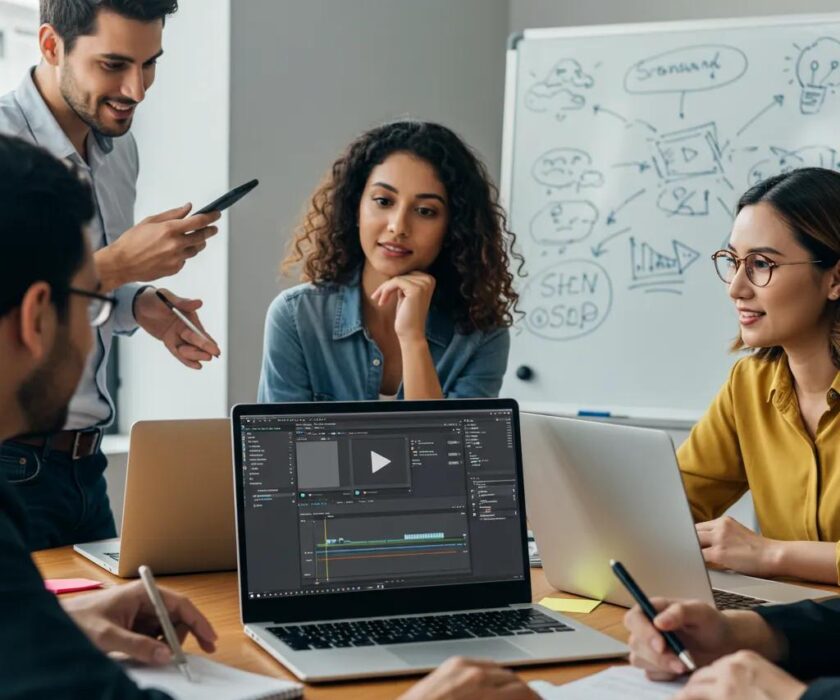 Small business owners collaborating on video distribution strategies in a modern workspace